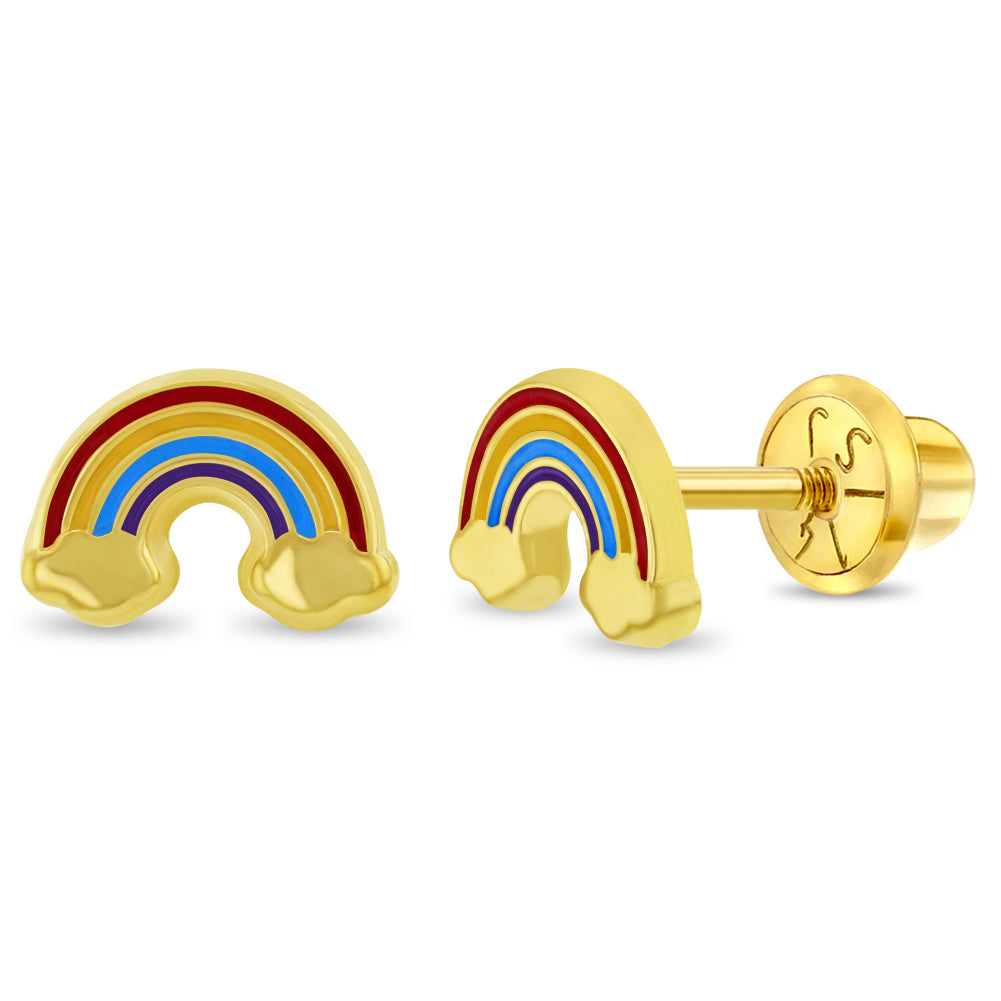 14k Gold Enamel Rainbow Baby / Toddler / Kids Earrings Safety Screw Back