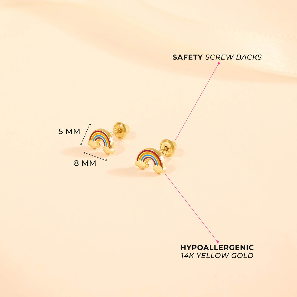 14k Gold Enamel Rainbow Baby / Toddler / Kids Earrings Safety Screw Back