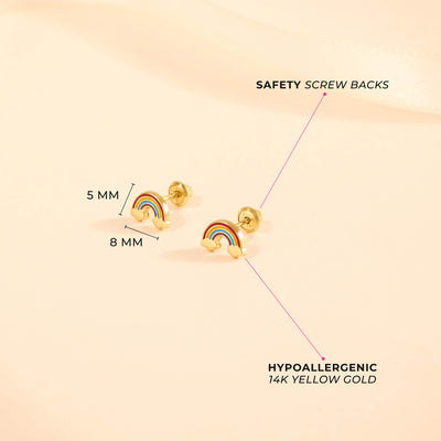 14k Gold Enamel Rainbow Baby / Toddler / Kids Earrings Safety Screw Back