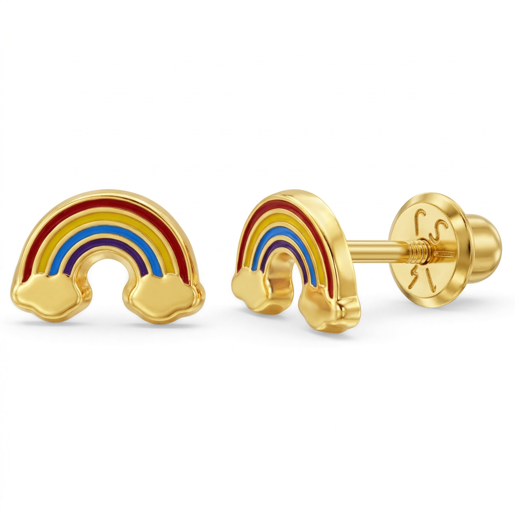 14k Gold Enamel Rainbow Baby / Toddler / Kids Earrings Safety Screw Back