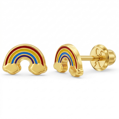14k Gold Enamel Rainbow Baby / Toddler / Kids Earrings Safety Screw Back