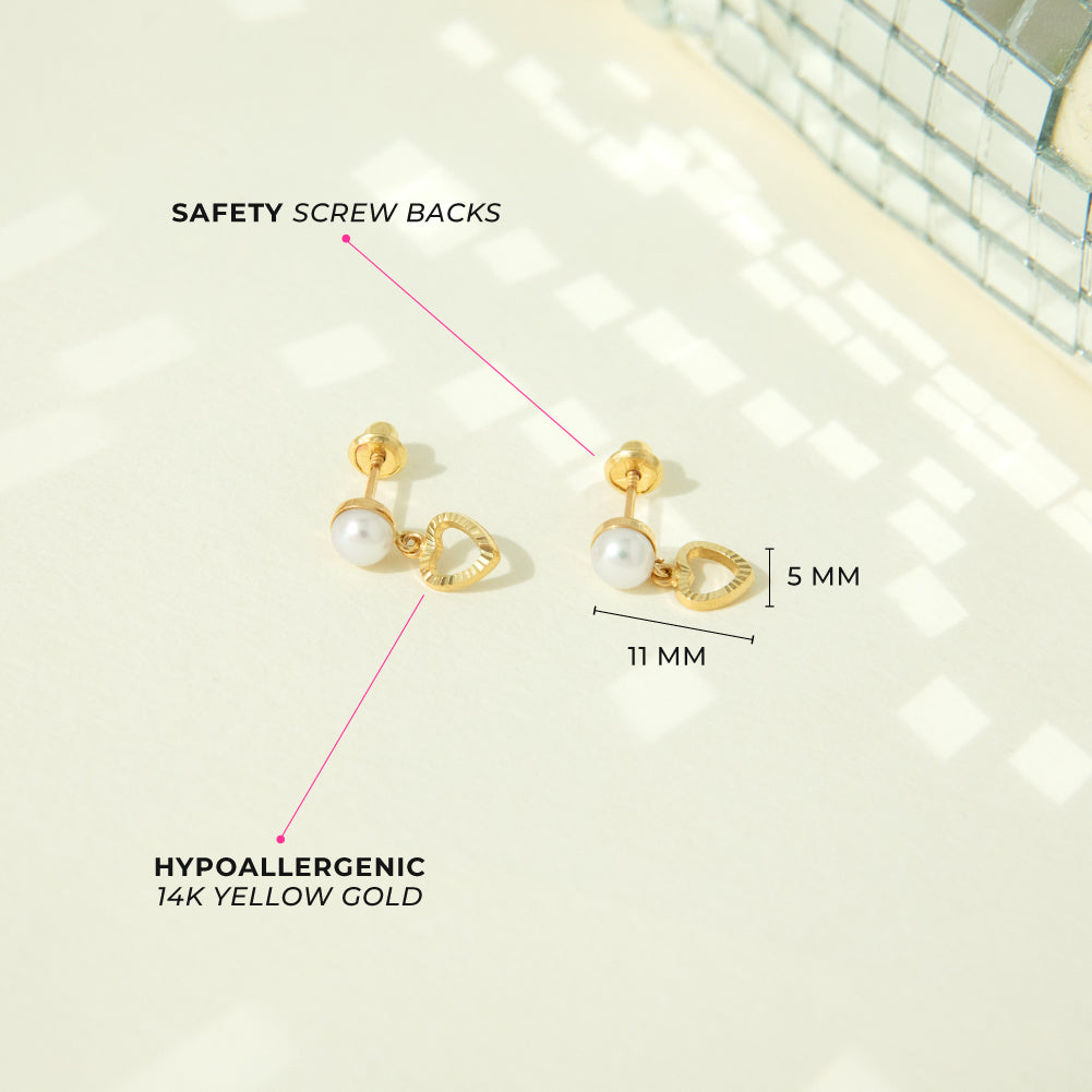 14k Gold Pearl Heart Dangle Kids / Children's / Girls Earrings Safety Screw Back