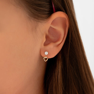 14k Gold Pearl Heart Dangle Kids / Children's / Girls Earrings Safety Screw Back