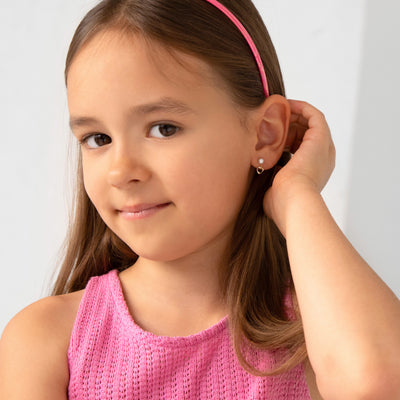 14k Gold Pearl Heart Dangle Kids / Children's / Girls Earrings Safety Screw Back