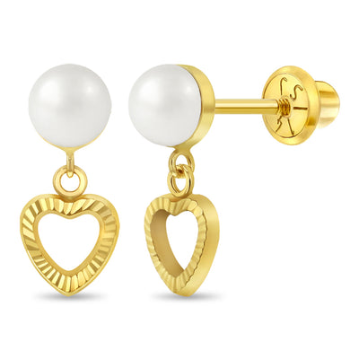 14k Gold Pearl Heart Dangle Kids / Children's / Girls Earrings Safety Screw Back