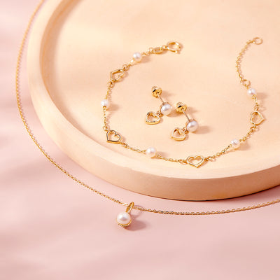 14k Gold Pearl Heart Dangle Kids / Children's / Girls Earrings Safety Screw Back