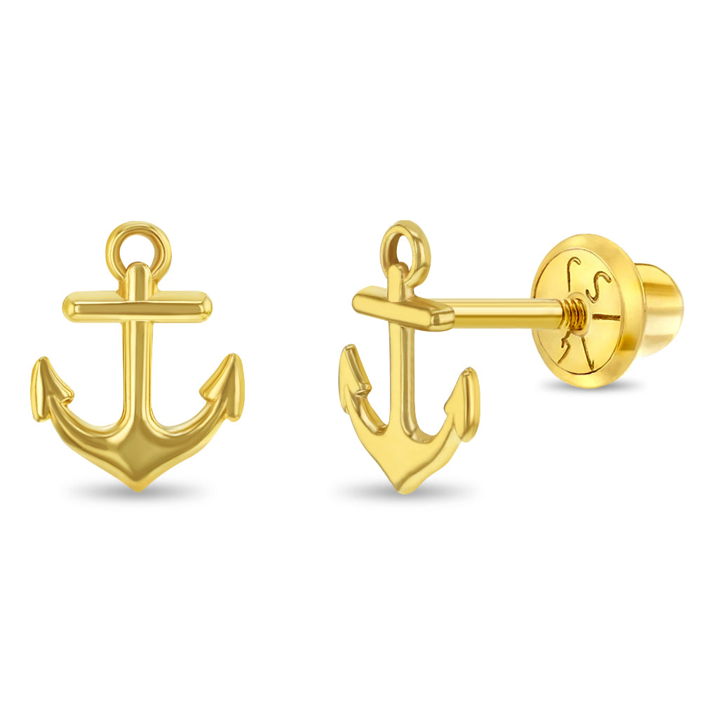 14k Gold Polished Anchor Kids / Children's / Girls Earrings Safety Screw Back