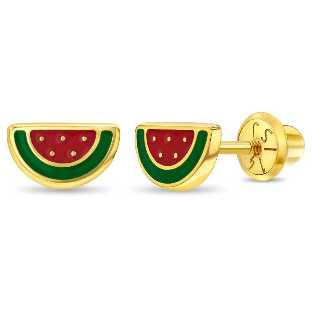 14k Gold Vibrant Watermelon Baby / Toddler / Kids Earrings Safety Screw Back