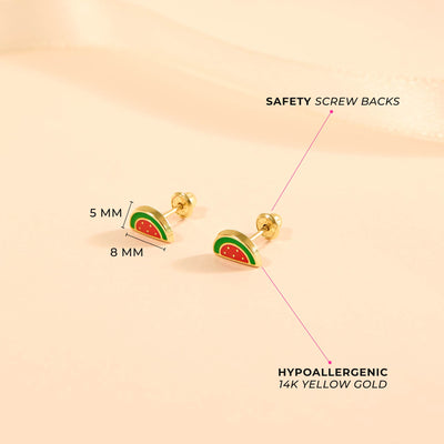 14k Gold Vibrant Watermelon Baby / Toddler / Kids Earrings Safety Screw Back