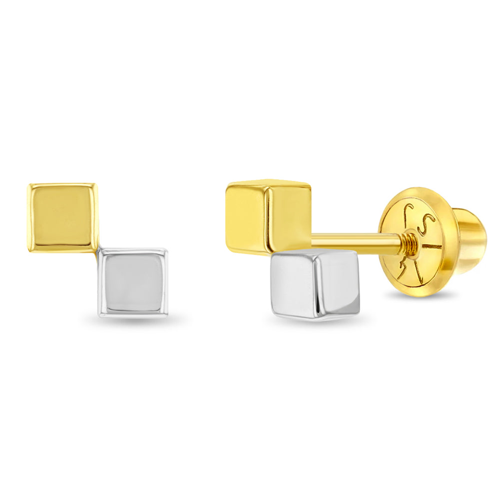 14k Gold Two Tone Cubed Kids / Children's / Girls Earrings Safety Screw Back