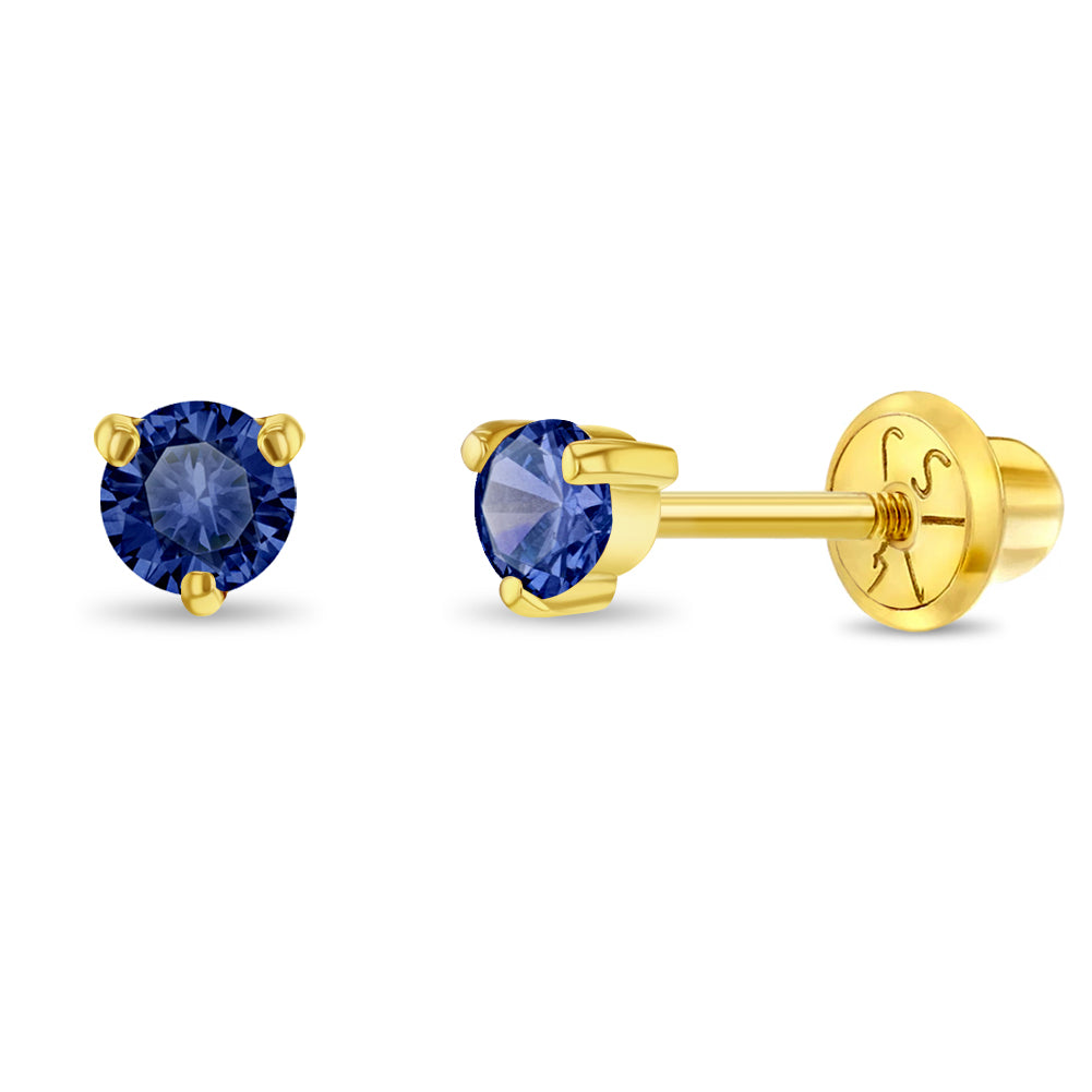 14k Gold Sapphire Three Pronged Kids / Preteen / Teen Earrings