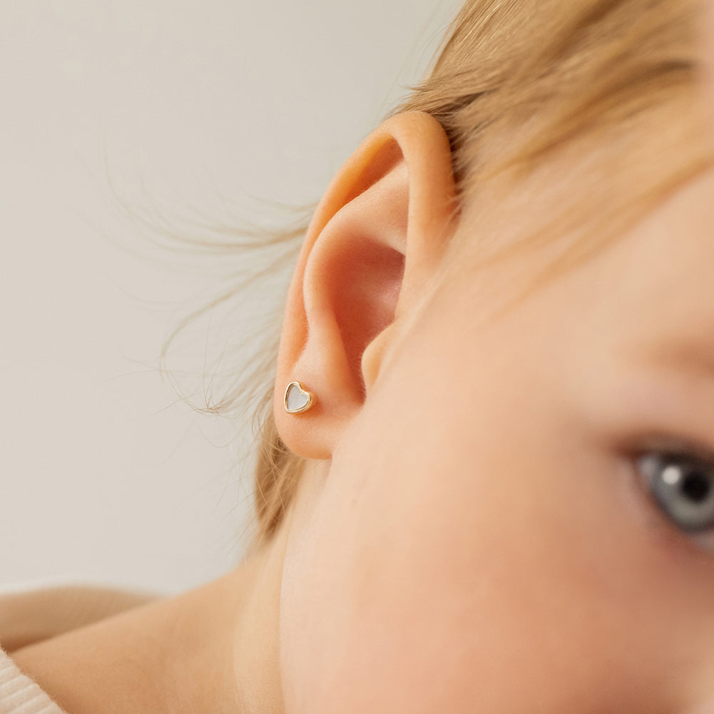 14k Gold Mother of Pearl Heart Baby / Toddler / Kids Earrings Safety Screw Back Bezel