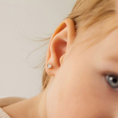 18k Gold Mother of Pearl Heart Baby / Toddler / Kids Earrings Safety Screw Back Bezel