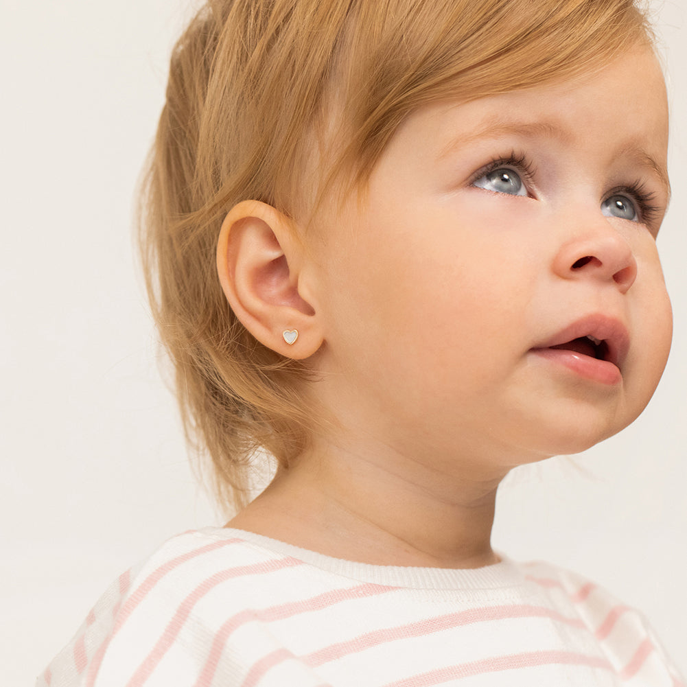 18k Gold Mother of Pearl Heart Baby / Toddler / Kids Earrings Safety Screw Back Bezel