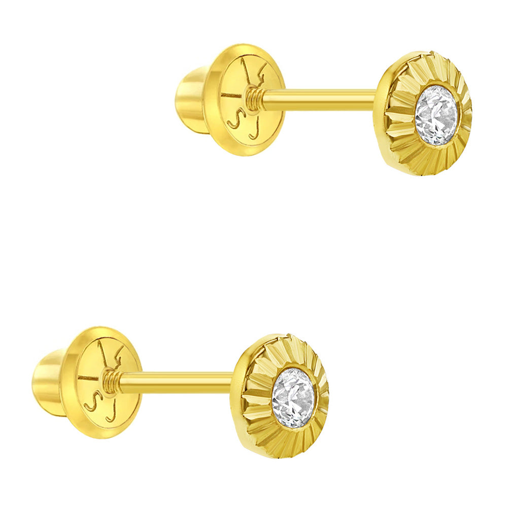 14k Gold Radiant Setting CZ Baby / Toddler / Kids Earrings Safety Screw Back