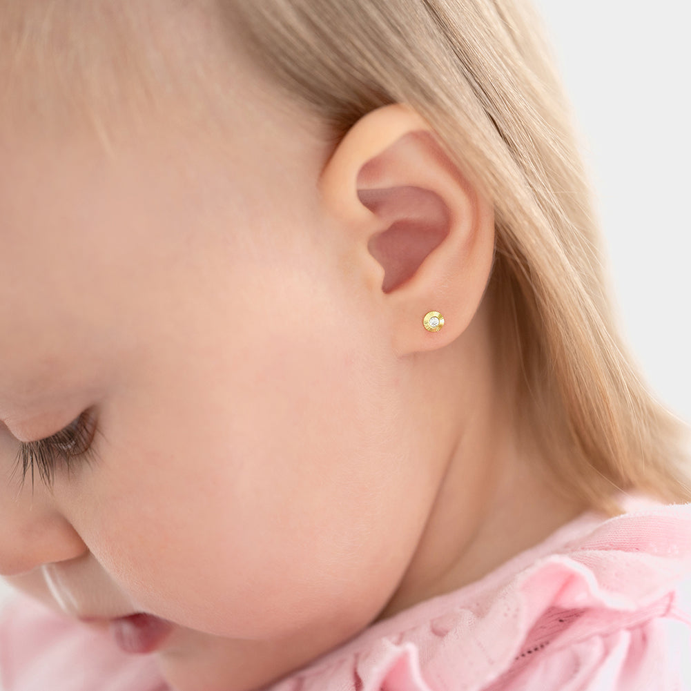 14k Gold Radiant Setting CZ Baby / Toddler / Kids Earrings Safety Screw Back