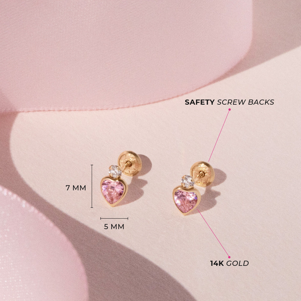 14k Gold Royal Heart CZ Kids / Children's / Girls Earrings Safety Screw Back
