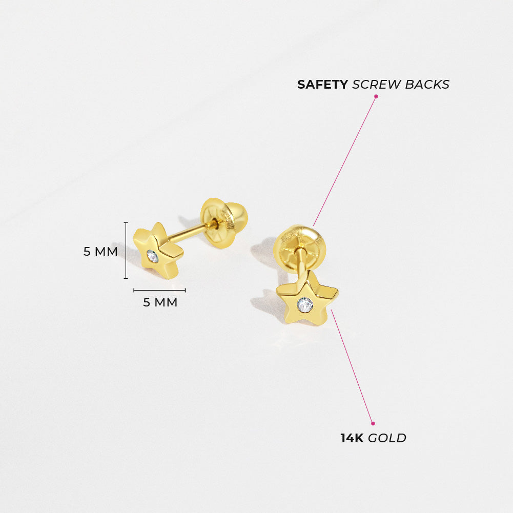 14k Gold Polished CZ Star Baby / Toddler / Kids Earrings Safety Screw Back