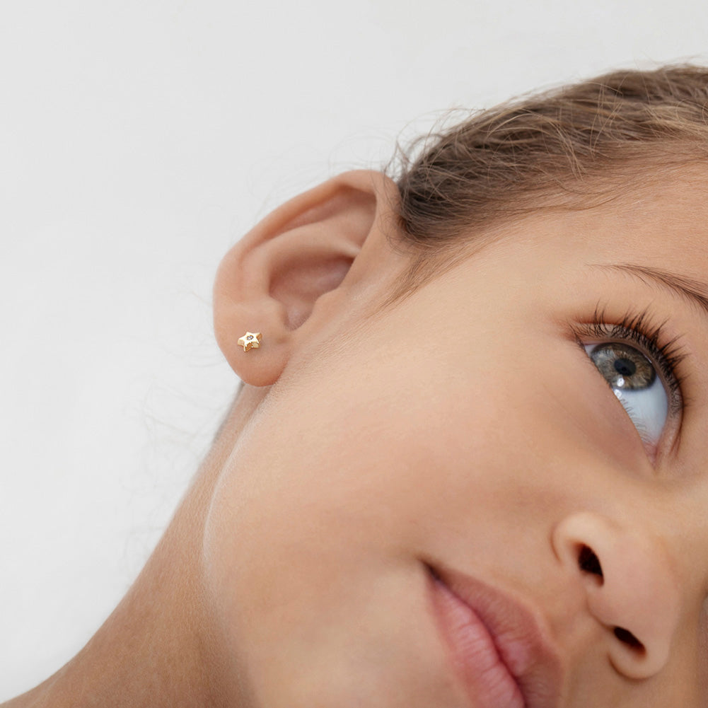 14k Gold Polished CZ Star Baby / Toddler / Kids Earrings Safety Screw Back