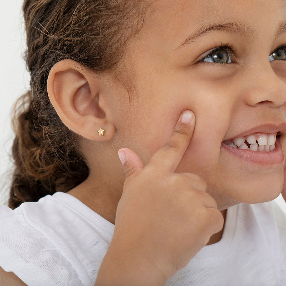 14k Gold Polished CZ Star Baby / Toddler / Kids Earrings Safety Screw Back