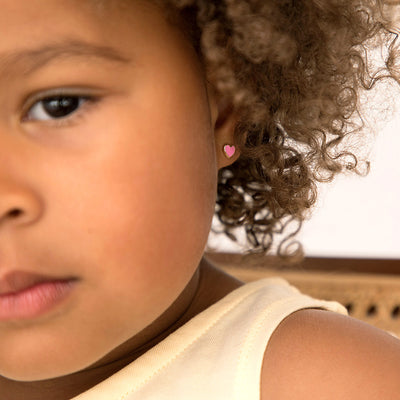 14k Gold Pink Heart Baby / Toddler / Kids Earrings Safety Screw Back Enamel