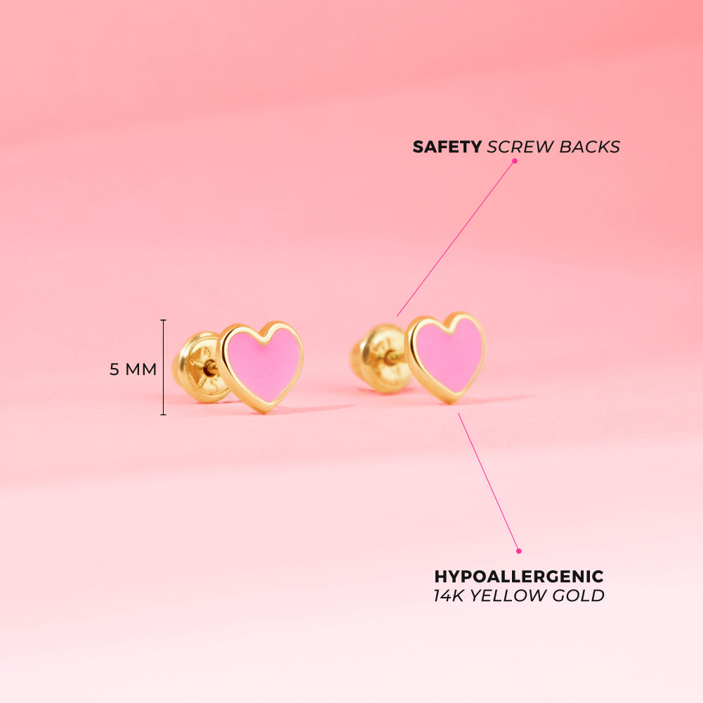14k Gold Pink Heart Baby / Toddler / Kids Earrings Safety Screw Back Enamel