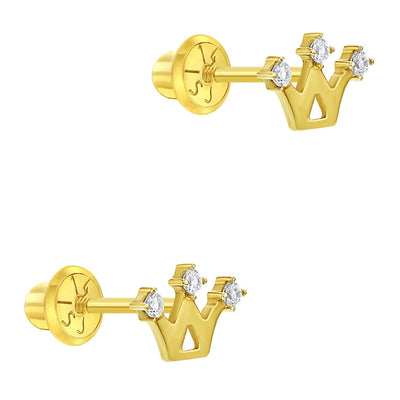 14k Gold 3 Point CZ Crown Baby / Toddler / Kids Earrings Safety Screw Back