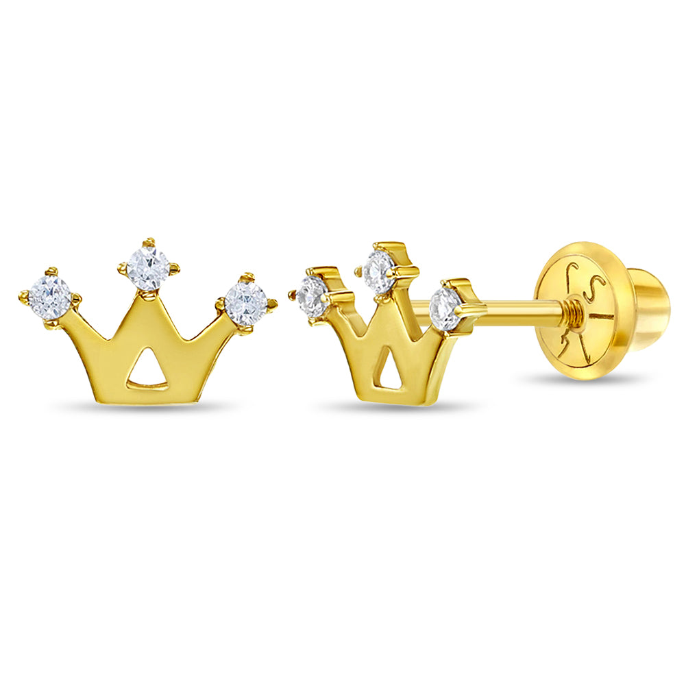 14k Gold 3 Point CZ Crown Baby / Toddler / Kids Earrings Safety Screw Back