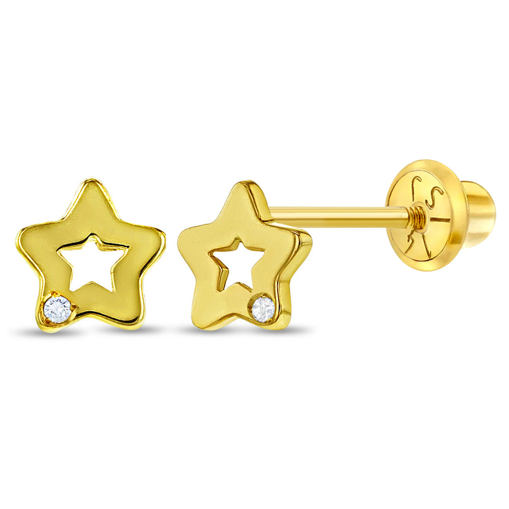 14k Gold Genuine Diamond Open Star Baby / Toddler / Kids Earrings Safety Screw Back