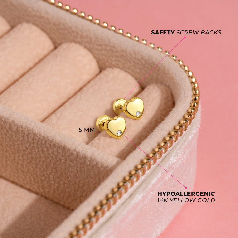 14k Gold Genuine Diamond Heart Baby / Toddler / Kids Earrings Safety Screw Back