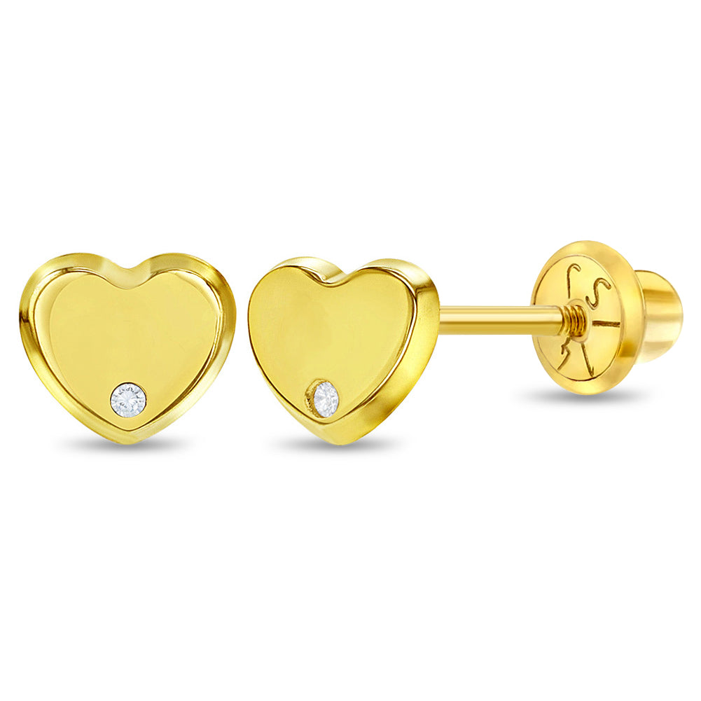 14k Gold Genuine Diamond Heart Baby / Toddler / Kids Earrings Safety Screw Back