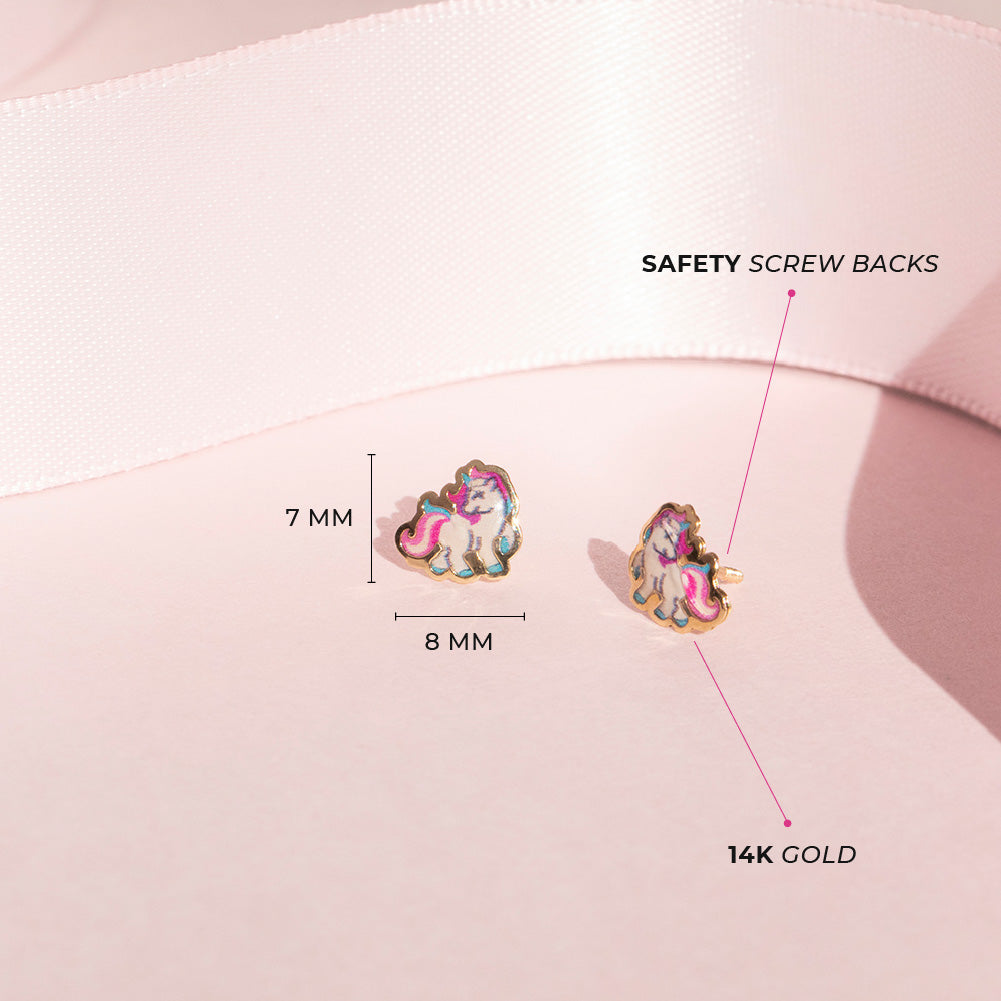 14k Gold Galloping Unicorn Baby / Toddler / Kids Earrings Safety Screw Back Enamel