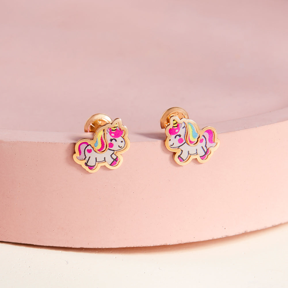 14k Gold Simply Unicorn Baby / Toddler / Kids Earrings Safety Screw Back Enamel