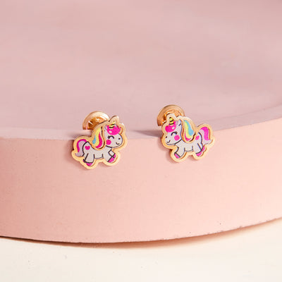14k Gold Simply Unicorn Baby / Toddler / Kids Earrings Safety Screw Back Enamel