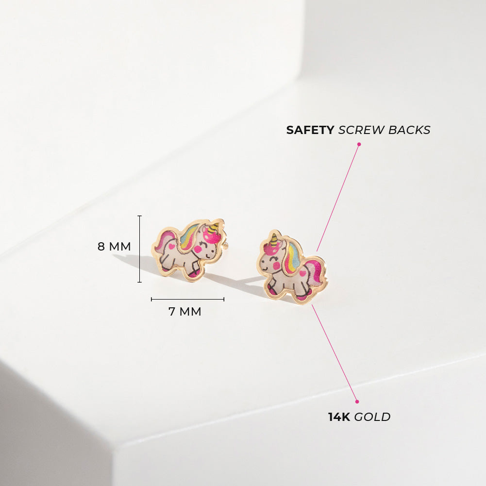 14k Gold Simply Unicorn Baby / Toddler / Kids Earrings Safety Screw Back Enamel