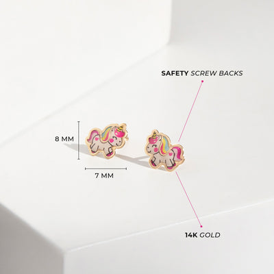 14k Gold Simply Unicorn Baby / Toddler / Kids Earrings Safety Screw Back Enamel