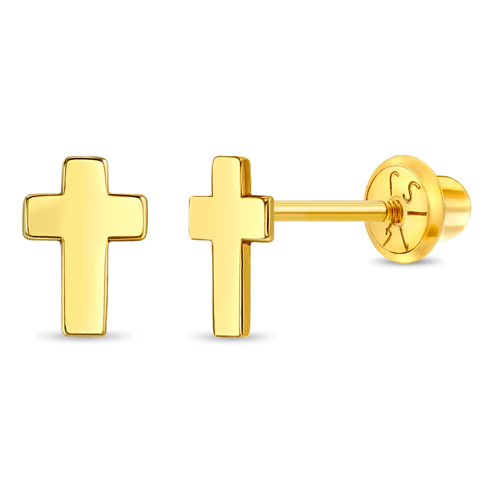 14k Gold Tiny Cross Baby / Toddler / Kids Earrings Safety Screw Back
