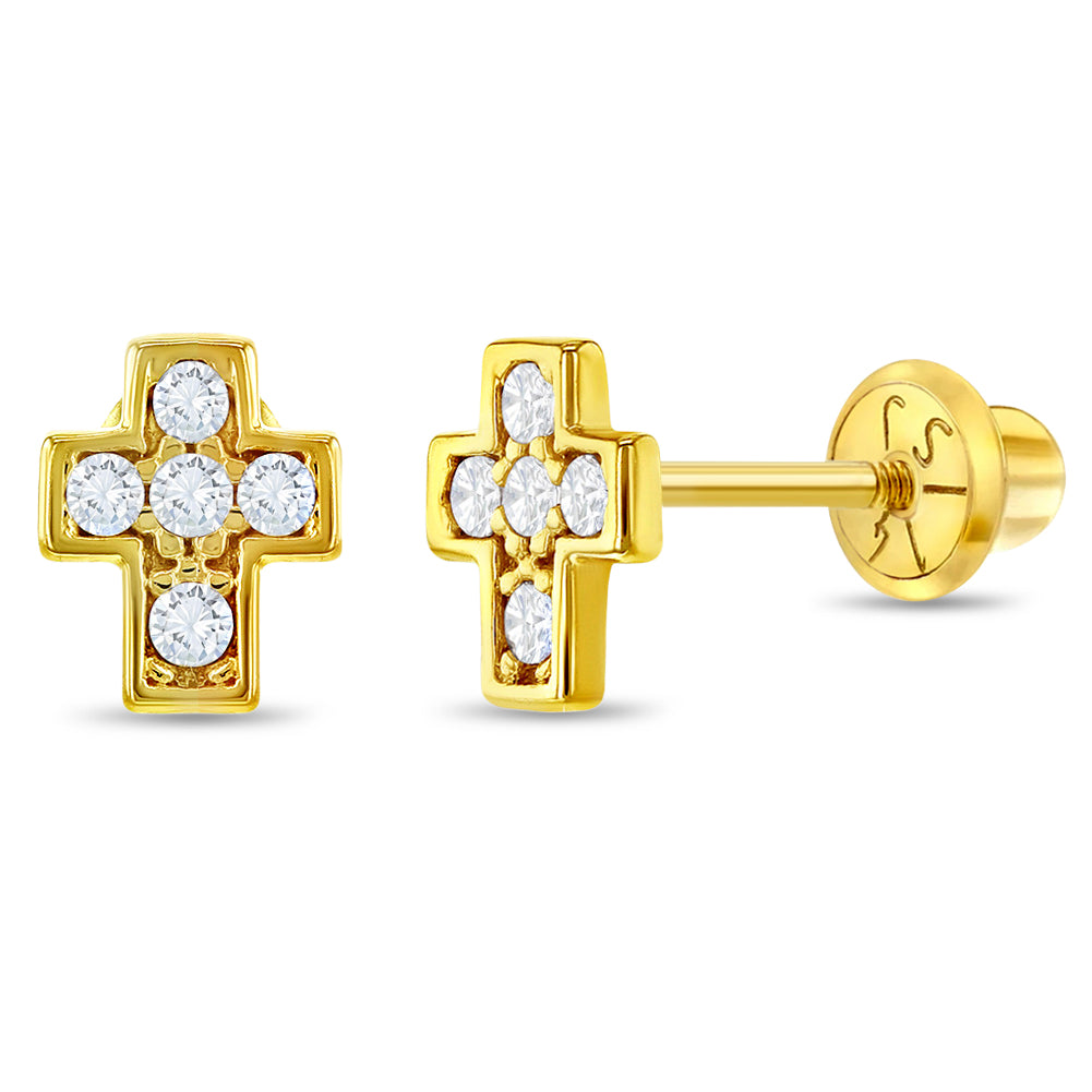 14K Yellow/White Gold CZ Cross Earrings / Screw Back Earrings / Stud  Earrings / CZ Gold Earrings / Aretes en Oro Real de Cruz para Hombre y  Mujer 