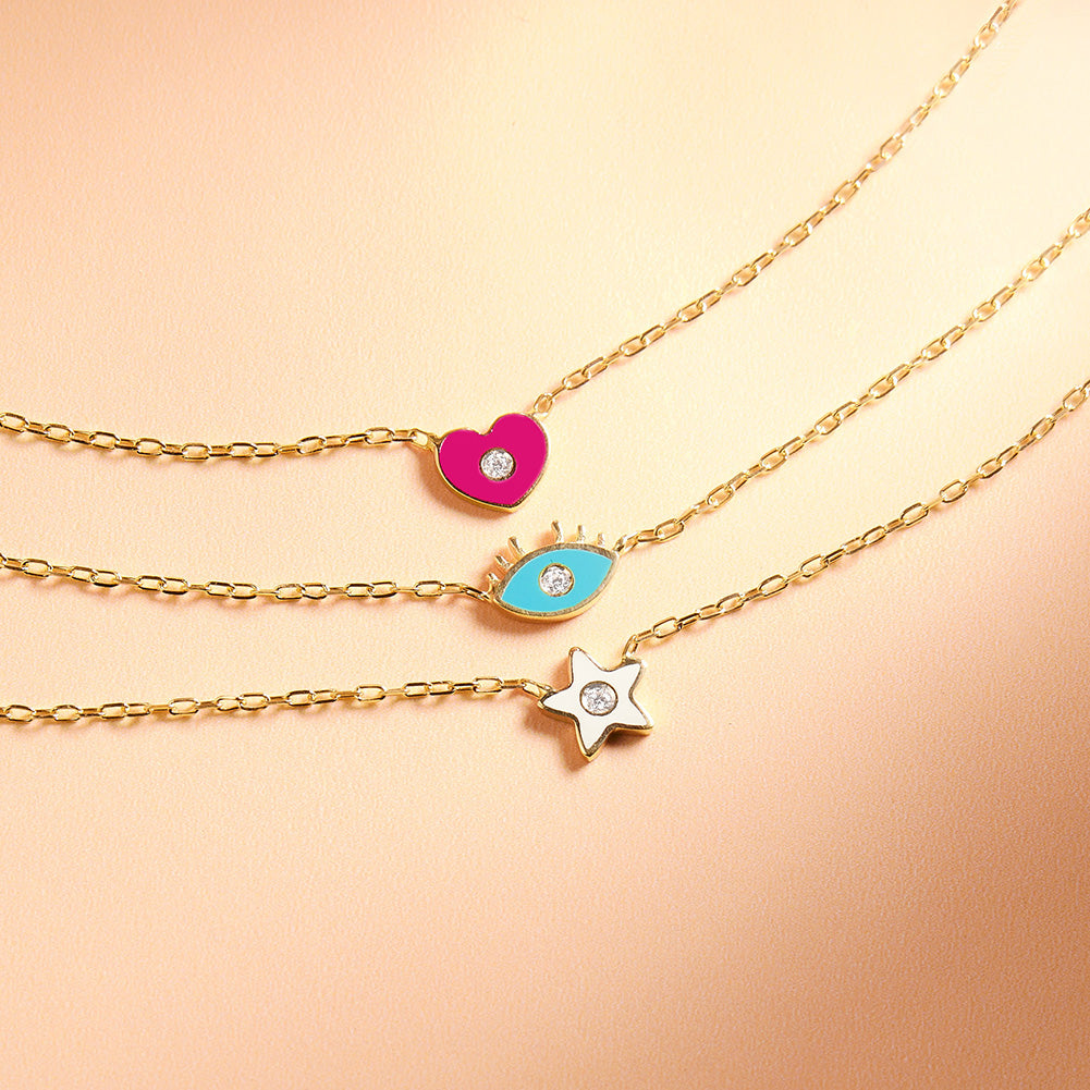 14k Gold Enamel Heart Clear CZ 14" Preteen / Teen Necklace Enamel