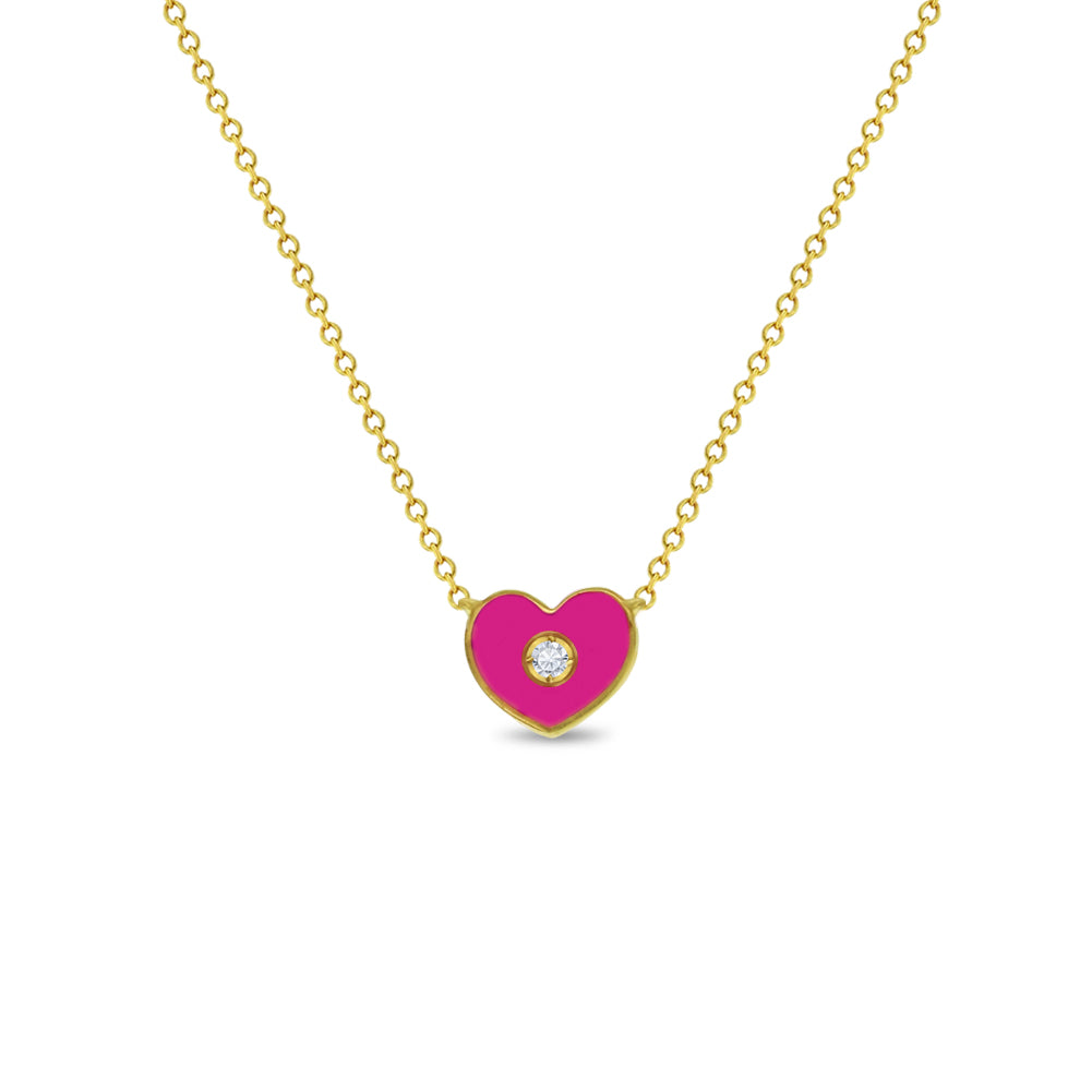 14k Gold Enamel Heart Clear CZ 14" Preteen / Teen Necklace Enamel