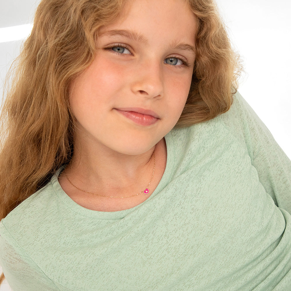 14k Gold Enamel Heart Clear CZ 14" Preteen / Teen Necklace Enamel