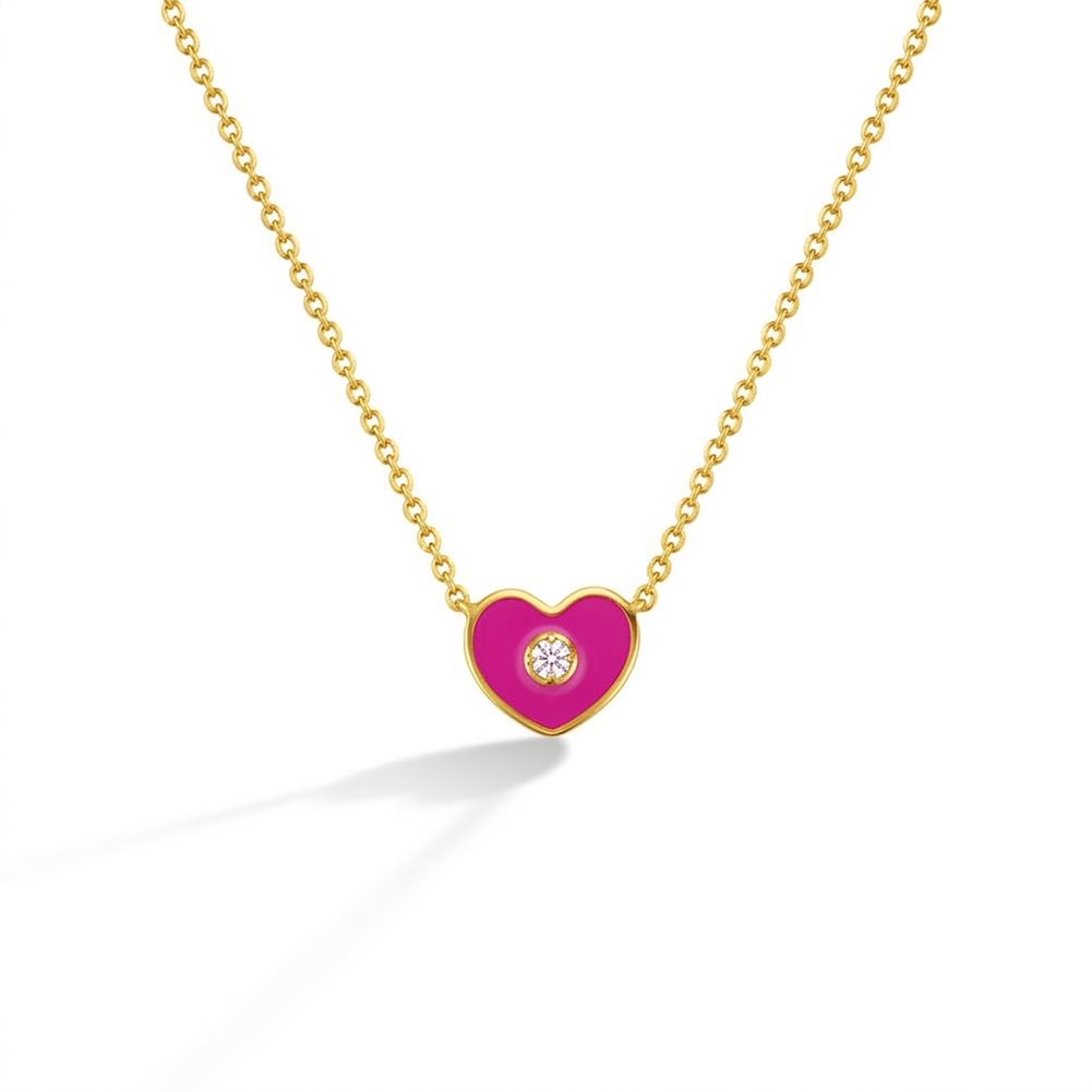14k Gold Enamel Heart Clear CZ 14" Preteen / Teen Necklace Enamel