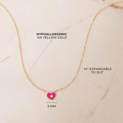 14k Gold Enamel Heart Clear CZ 14" Preteen / Teen Necklace Enamel