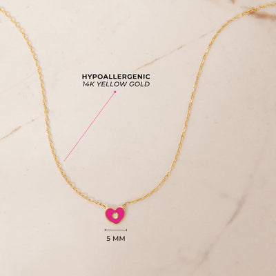 14k Gold Enamel Heart Clear CZ 14" Preteen / Teen Necklace Enamel
