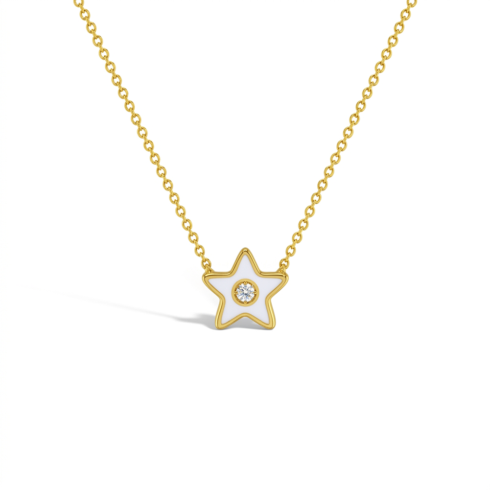 14k Gold Enamel Star Clear CZ 14" Preteen / Teen Necklace Enamel
