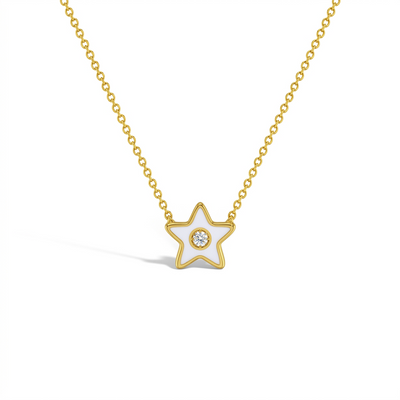 14k Gold Enamel Star Clear CZ 14" Preteen / Teen Necklace Enamel