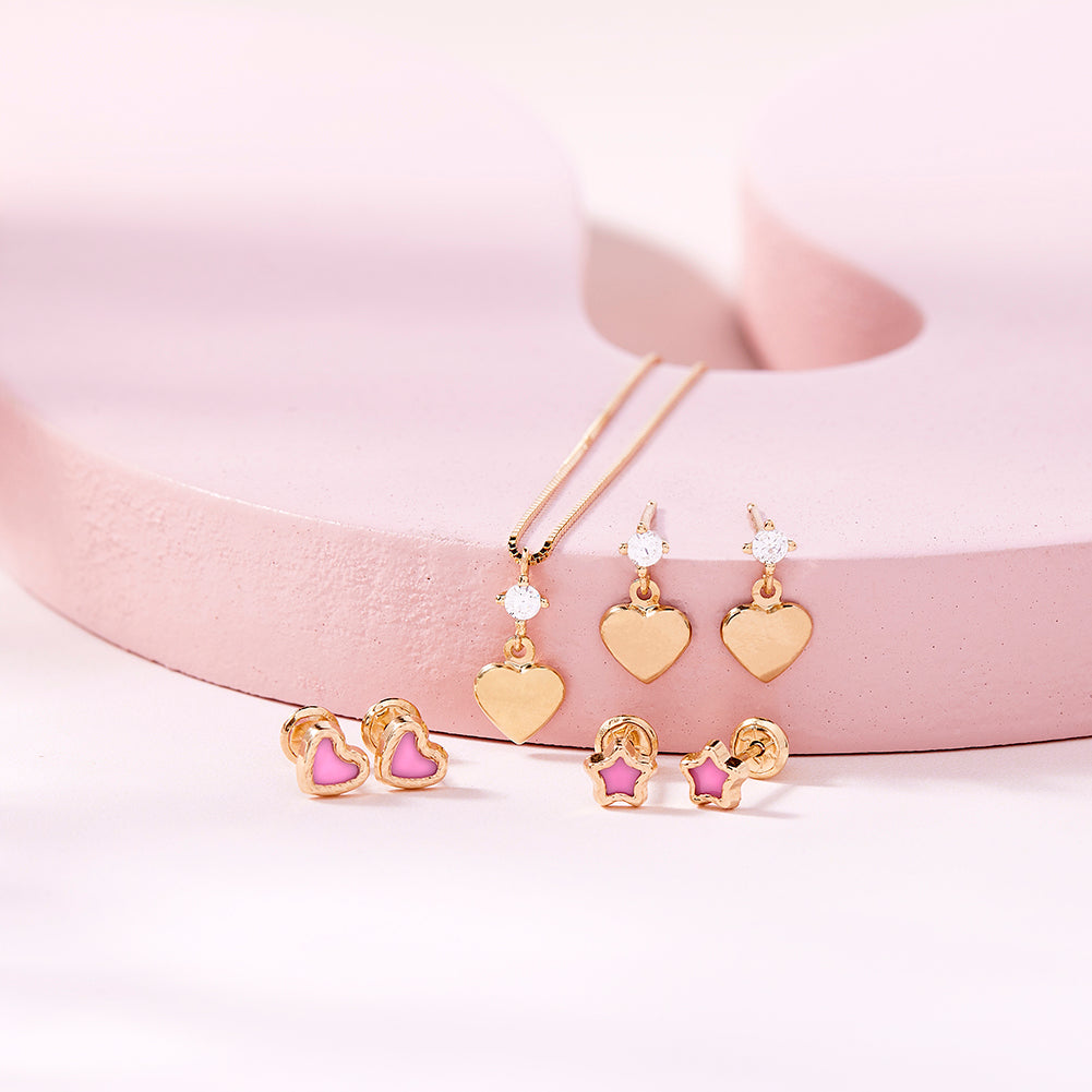 14k Gold CZ Heart Dangle Kids / Children's / Girls Earrings