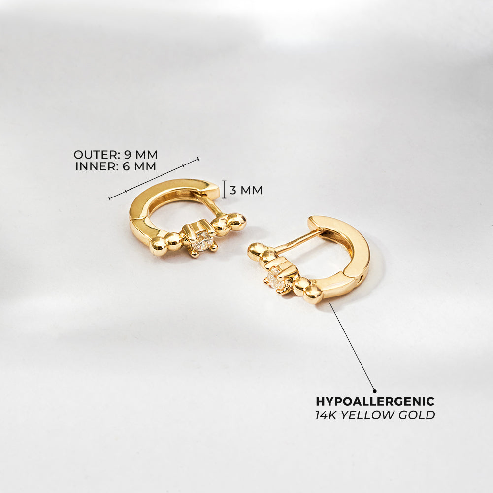 14k Gold Beaded Hoop Clear CZ Women's Earrings