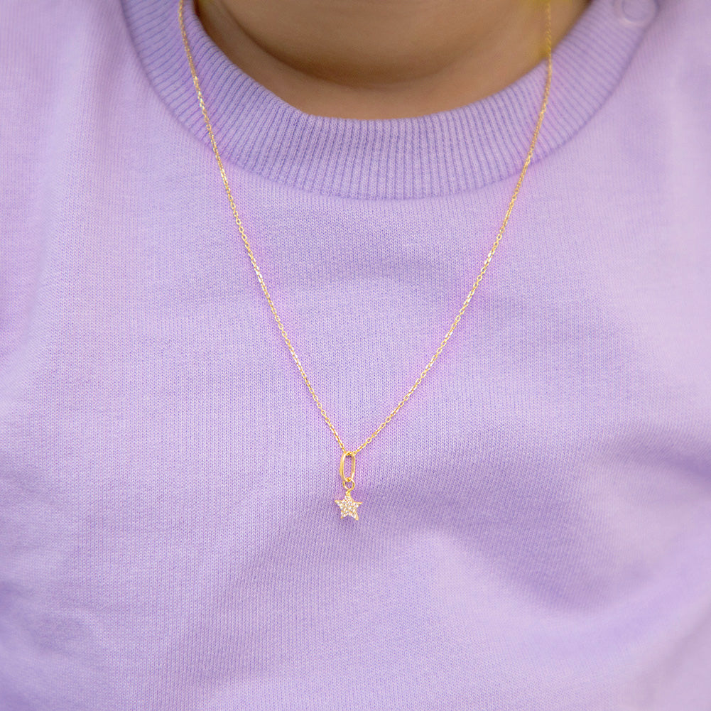 14k Gold Tiny CZ Encrusted Star Clear Baby / Toddler / Kids Pendant/Necklace
