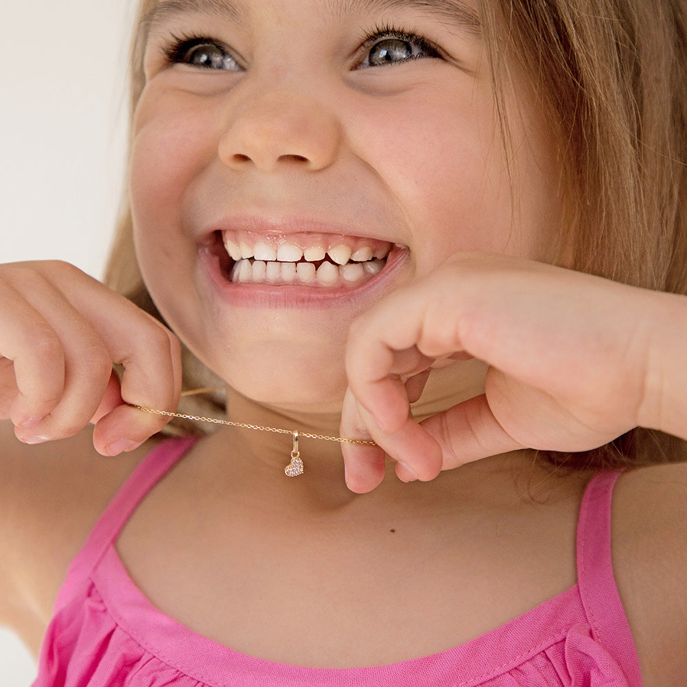 14k Gold Tiny CZ Encrusted Heart Clear Baby Toddler Kids Pendant/Necklace